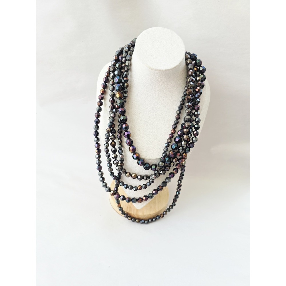 Graziano Multi 5 Strand Gunmetal Leyered Black Neckace Crystal Chunky AB